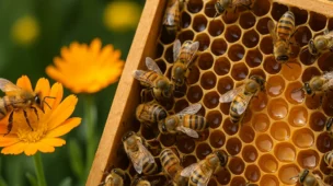 Abelhas coletando néctar em flores e depositando mel em favos artesanais