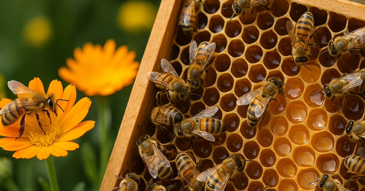 Abelhas coletando néctar em flores e depositando mel em favos artesanais