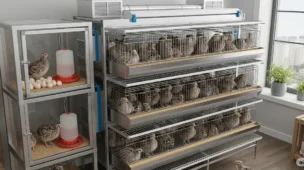 Fotografia ultrarrealista de um sistema de criação de codornas moderno em um espaço urbano, apresentando gaiolas de bateria multinível com codornas japonesas. Há alimentadores e bebedouros de aço inoxidável limpos, um sistema de ventilação adequado e uma área organizada para coleta de ovos. O ambiente parece ser uma varanda urbana ou um pequeno quintal, com iluminação natural, e a imagem detalha os equipamentos de manejo das codornas, mostrando uma configuração profissional de avicultura em pequena escala. A resolução é 8K com texturas hiperrealistas, destacando o conceito de agricultura em pequena escala e o estilo de documentação educacional