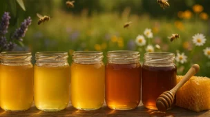 Cinco potes de mel puro com diferentes floradas em mesa rústica, com favos e abelhas ao fundo