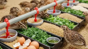 Codornas saudáveis se alimentando de ração balanceada, verduras e suplementos em sistema organizado de alimentação