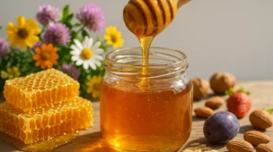 Mel dourado sendo derramado com favo, flores e alimentos saudáveis representando os benefícios nutricionais do mel